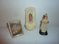 3 Vintage Religious Items Plastic Holy Water Font Hanging Figurine Jesus Picture