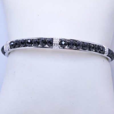 Karis Stainless Steele Black Spinel Beaded 7.5'' Women's Hinge Bangle Bracelet 
