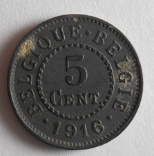 1916 BELGIUM 5 CENTIMES - AU - Rare High Value Coin - Lot #D22