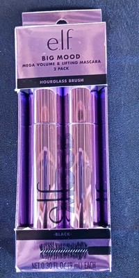2 ELF Big Mood Mega Volume & Lifting Mascara Black 0.36oz Hourglass Brush 2 tube