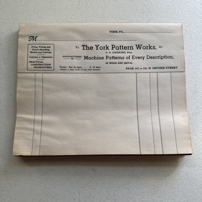 The York Pattern Works Wood & Metal Patterns Smyser Street, York Pa Receipt Pad