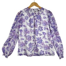 Loft Floral Clip Puff Long Sleeve Blouse size Small White/Purple