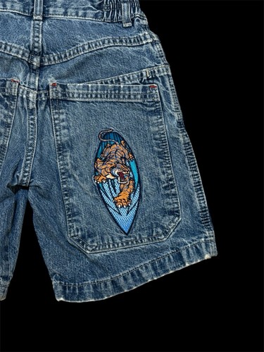Vintage Streetwear Baggy JNCO Jean shorts tiger embroidered Size Kids 6 - Picture 2 of 6