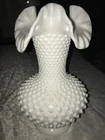 Vintage FENTON Milk GLASS Curvy HOBNAIL Ruffle Top 3D IRIS Flower VASE 10¾" Tall