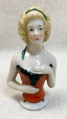 Antique Porcelain China Half Doll Marked Germany Pincushion Red Bustier Lady