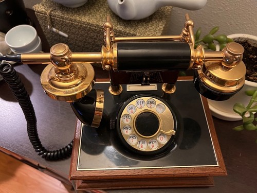 Vintage Rotary Dial Telephone Wood Base Decorative Home Phone