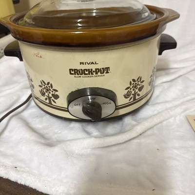 Vtg Rival Crock-Pot Slow Cooker 4 Quart Brown Cream Floral Bird Retro Kitchen