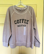 Women's XL Taupe Coffee Graphic Print Crewneck Pullover Raglan Sweatshirt