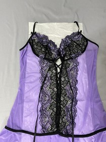 iCollection Lace Corset Back Babydoll Lingerie Flyaway Top Purple Mesh Plus 3X
