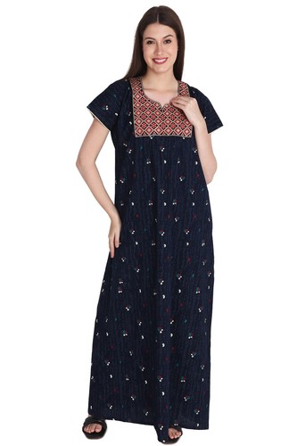 Indian Night Wear Gown Women Cotton Floral Printed Embroidered Nightwear Nighty - Picture 14 of 19