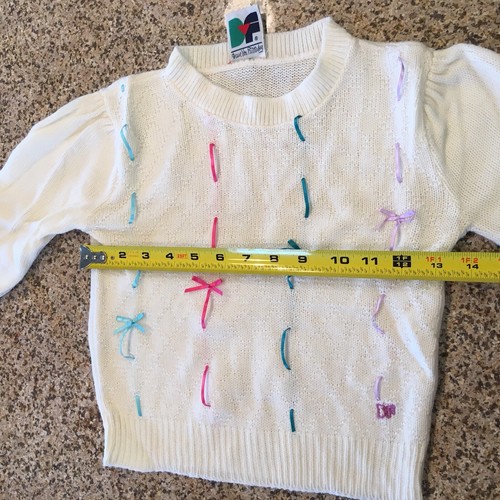 Vintage 70s DVF Diane Von Furstenberg Sz Medium Girls White Sweater W/ Bows - Picture 4 of 12