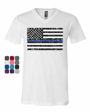 Men/'s Thin Blue Line USA Police Flag V-Neck Black T Shirt Veteran Army American
