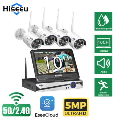 Hiseeu 10CH NVR 10''LCD Wifi Home CCTV 5MP Security Camera System Outdoor 1T Kit