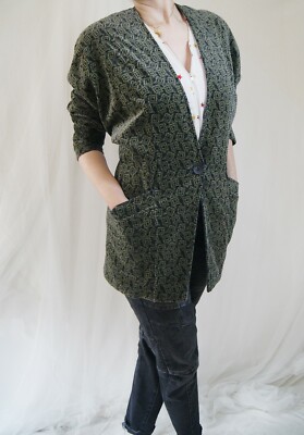 Vintage 80s ESCADA Margaretha Ley Modal Velvet Green Geo Print Jacket S M 10 12 