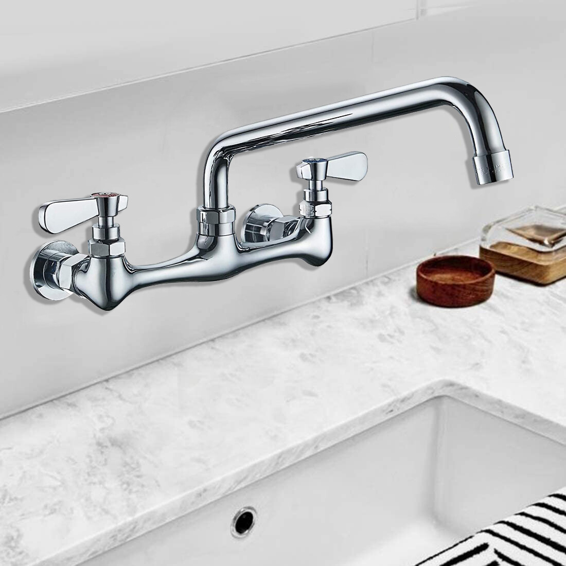 BWE Wall Mounted Kitchen Faucet – 8-Inch Center, 2-Handle Low Arc Chrome - View #3