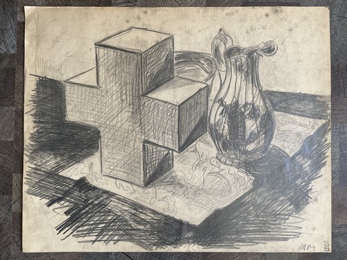 Expressive Drawing Still Life With Cross And Art Nouveau Water Jug Um 1950 - Picture 2 of 11