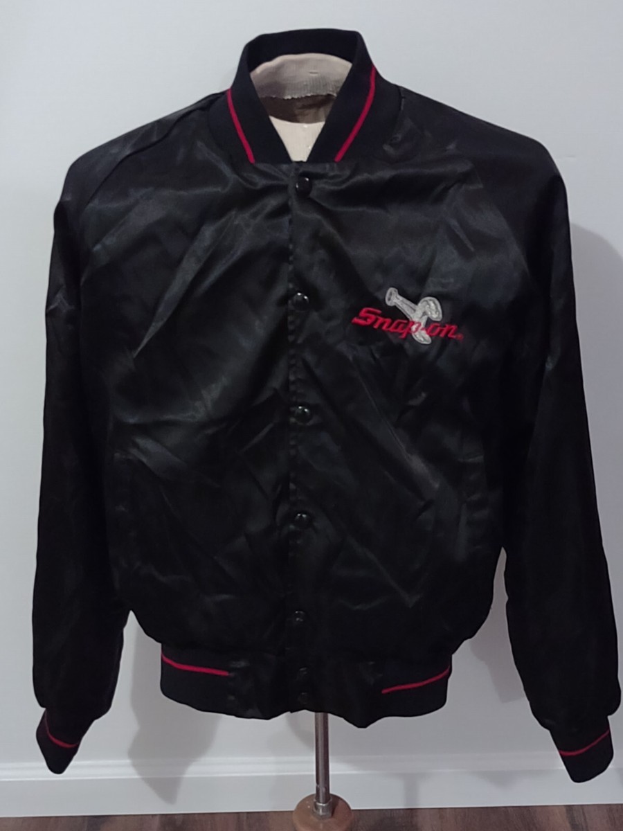 VTG Snap-on Medium Jacket Black Satin Bomber Lined Horizon