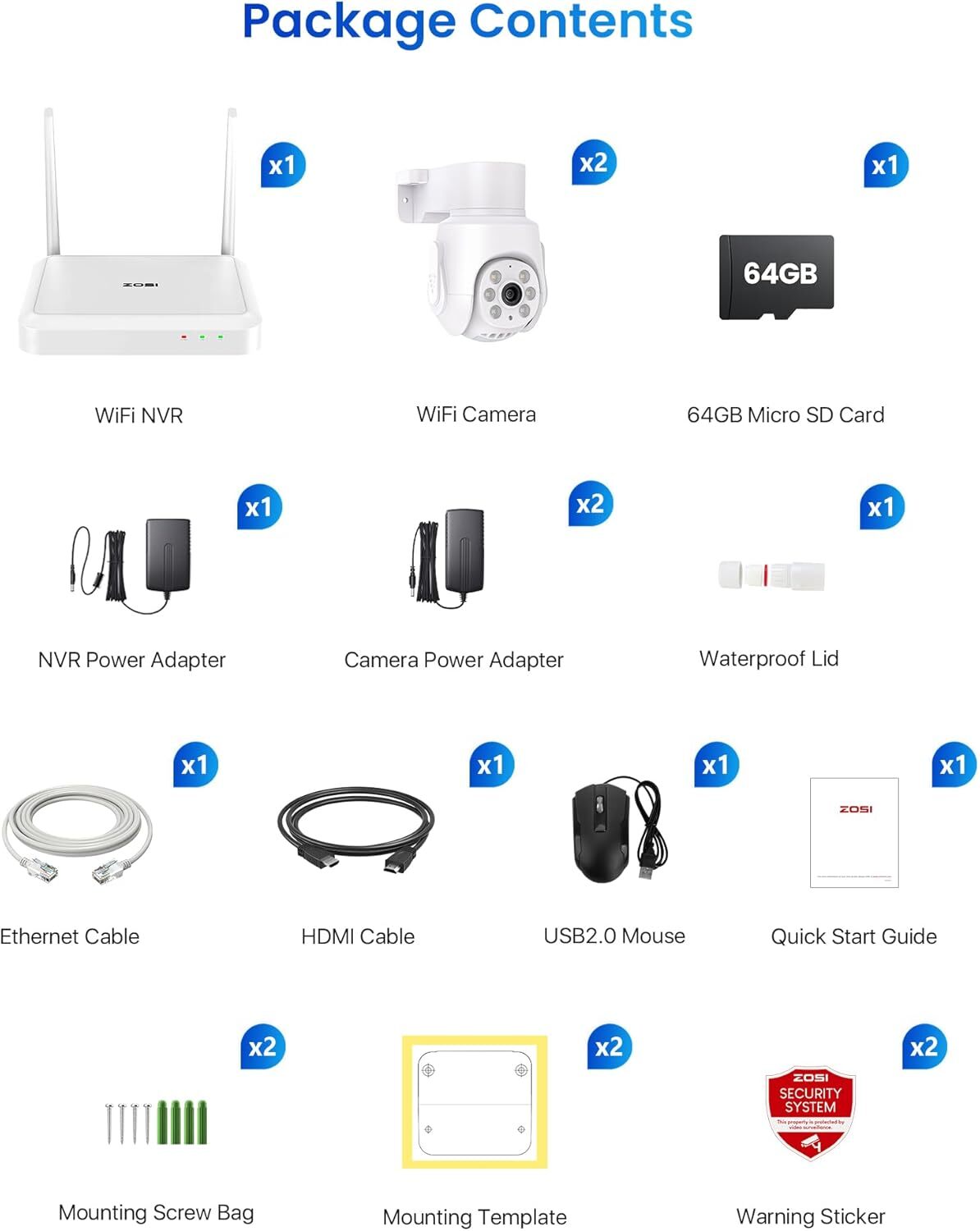 Zosi  3K Wi-Fi 6 Security Camera System with 64G SD Card 5MP Pan Tilt WiFi Cam