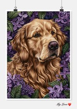 Golden Retriever and Lilacs Chart Counted Cross Stitch Patterns Needlework DMC