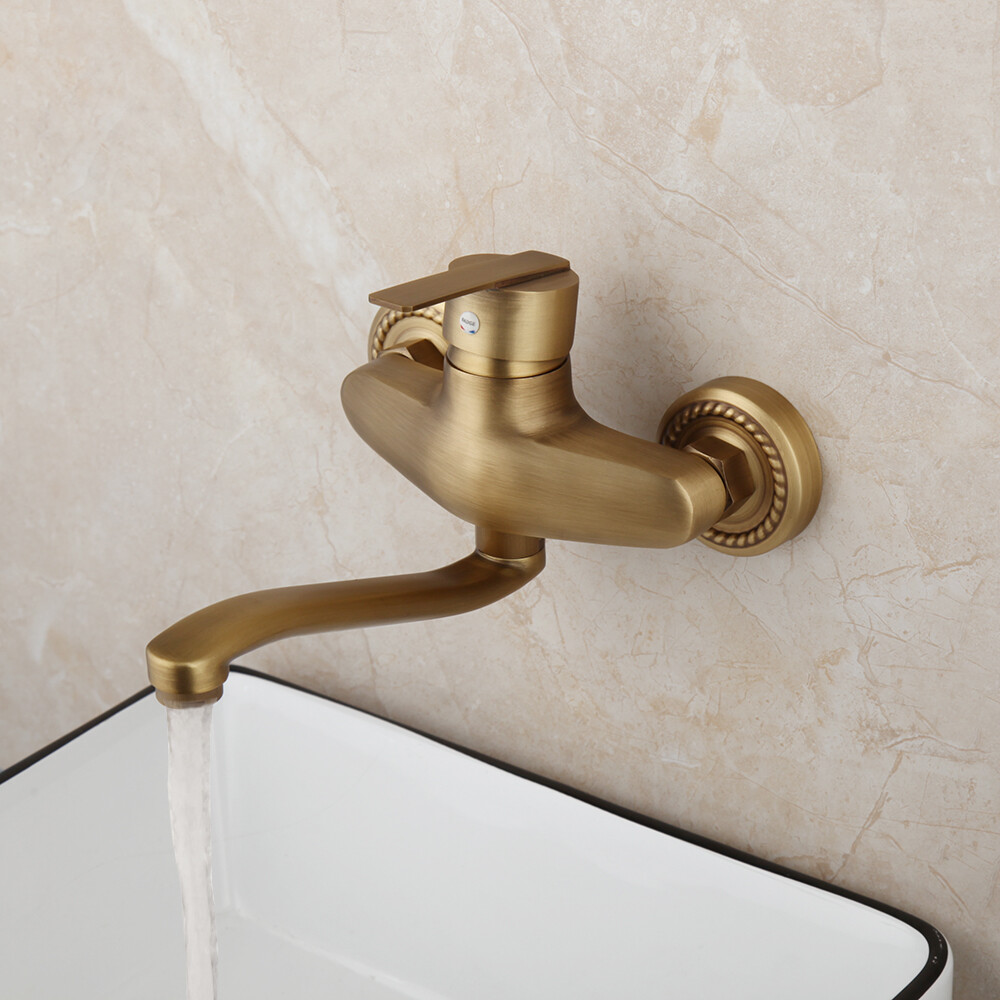 Wall Mounted Bathtub Antique Brass Bathroom Basin Mixer Faucet Laundry ...