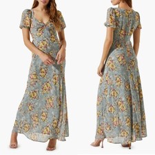 NEW ASTR The Label SLATE Yellow SWEETHEART NECK Floral TWIST BUST Maxi DRESS XS