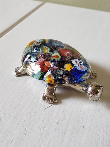 Precioso pisapapeles estatuilla tortuga marco metal vidrio arte millefiori 3 1/2" de largo - Imagen 8 de 9
