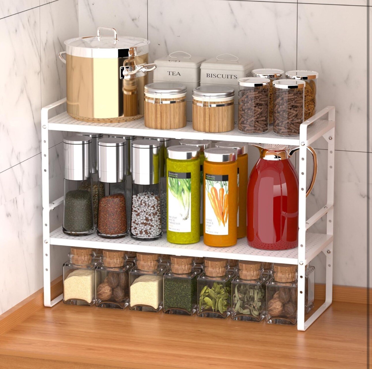 Expandable Kitchen Shelf Organizer, Stackable Metal Pantry