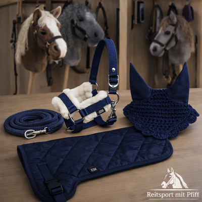 HKM Satteldecke mit Halfter Set und Haube Zubehör für Hobby Horse Blau