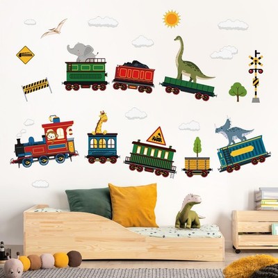 Animal Train Wall Stickers Dinosaur Elephant Giraffe Wall Decals Baby Nursery...