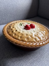 Vintage Ceramic Cherry Pie Dish/ Pie Keeper with Lid. Made in Portugal 10.5inch