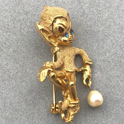 Vintage Kramer Pixie Elf Brooch Gold Tone Faux Pearl Blue Rhinestone Eyes 60s