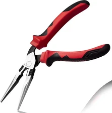 High Leverage Long Nose Pliers with Angled Head 8-Inch Medium, Red & Black 