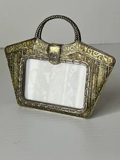 Miniature Mini Purse 2"x3" Photo Frame Gold Enameled Metal Rhinestones Glitter