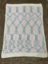Crochet Knit Vintage Pastel Pink Blue Throw Crib Toddler Handmade Blanket 33x46
