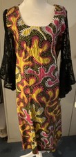 African Print Kaftan Dress Multi-Color Cotton Blend Black Lace Sleeves Medium