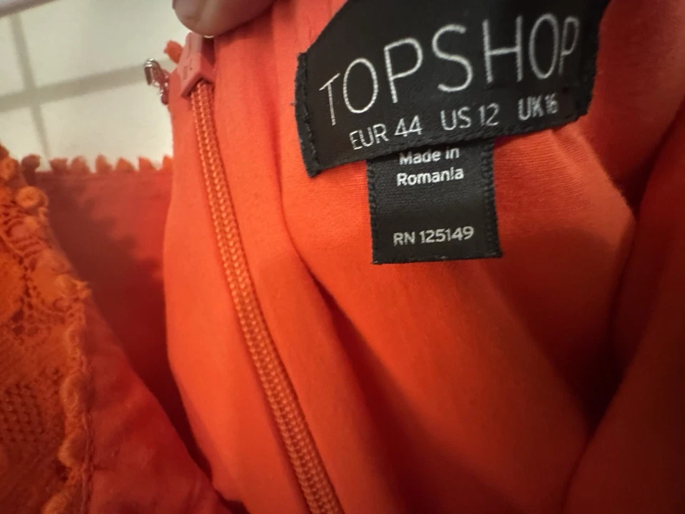 TopShop Mujer Vestido Talla 12 Naranja Encaje Floral Sin Tirantes Funda Corta Foto 3 de 4