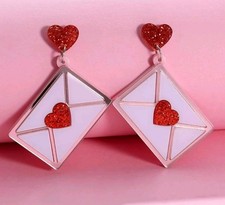 Valentines Day Earrings Red Heart Pink Envelope Dangle Jewelry Love