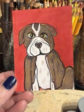 Eston Original hand drawn dog on red ACEO Signed 2026 dog pet OOAK puppy Boston