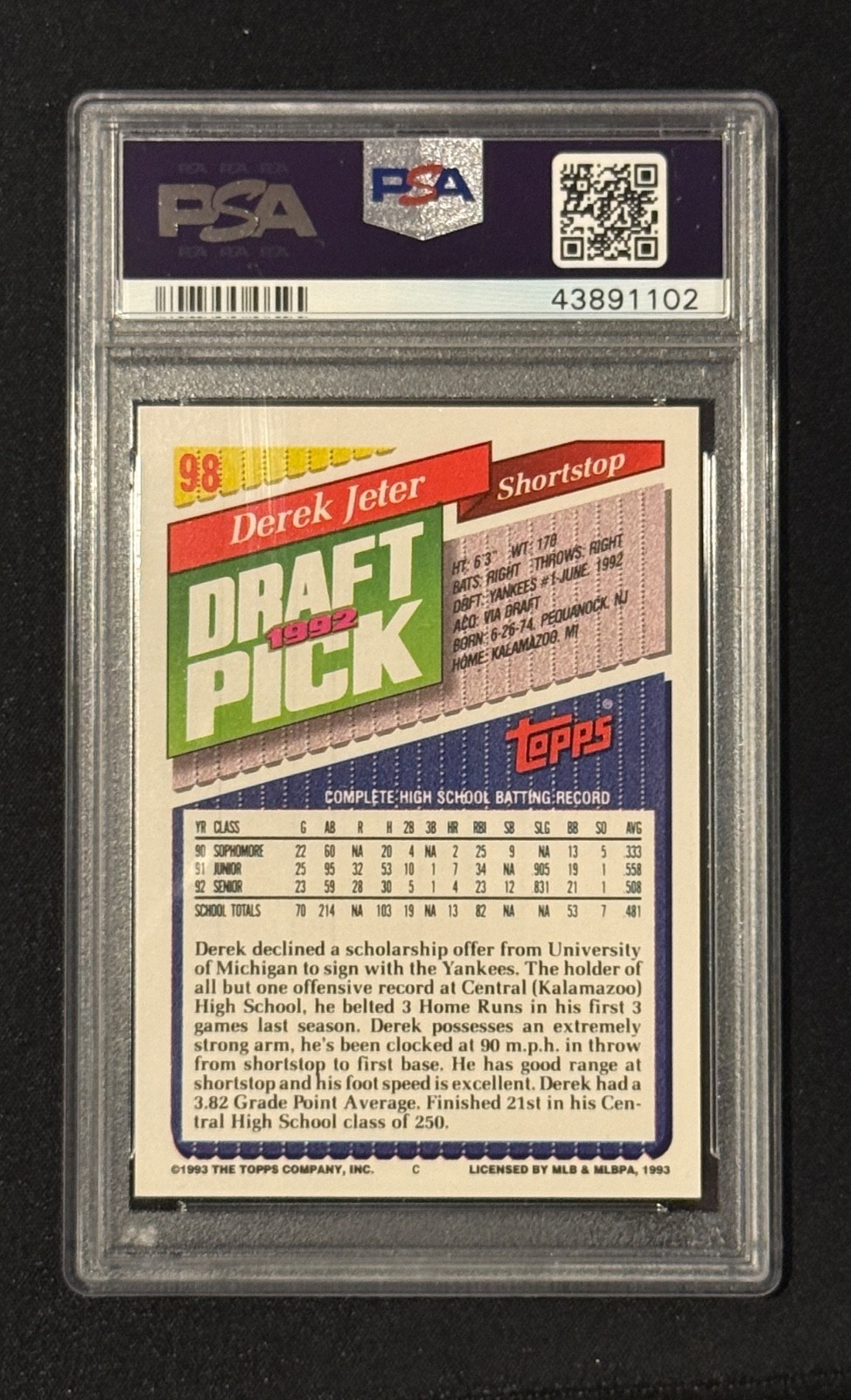 DEREK JETER RC 1993 Topps #98 PSA 9 Mint New York Yankees HOF view 2