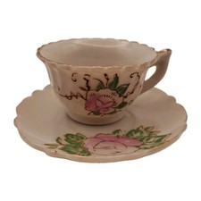 Vintage Miniature Teacup Saucer Set Hand Painted Pink Floral Gold Trim Japan