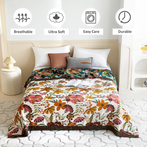 Boho Throw Blanket for Bed 100% Cotton Ultra Soft Rustic Quilt Floral Printed... - Picture 2 of 6