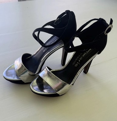 Tamaris Trend Strap Sandals 4 Inch heel Black Velvet & Silver Platform Prom