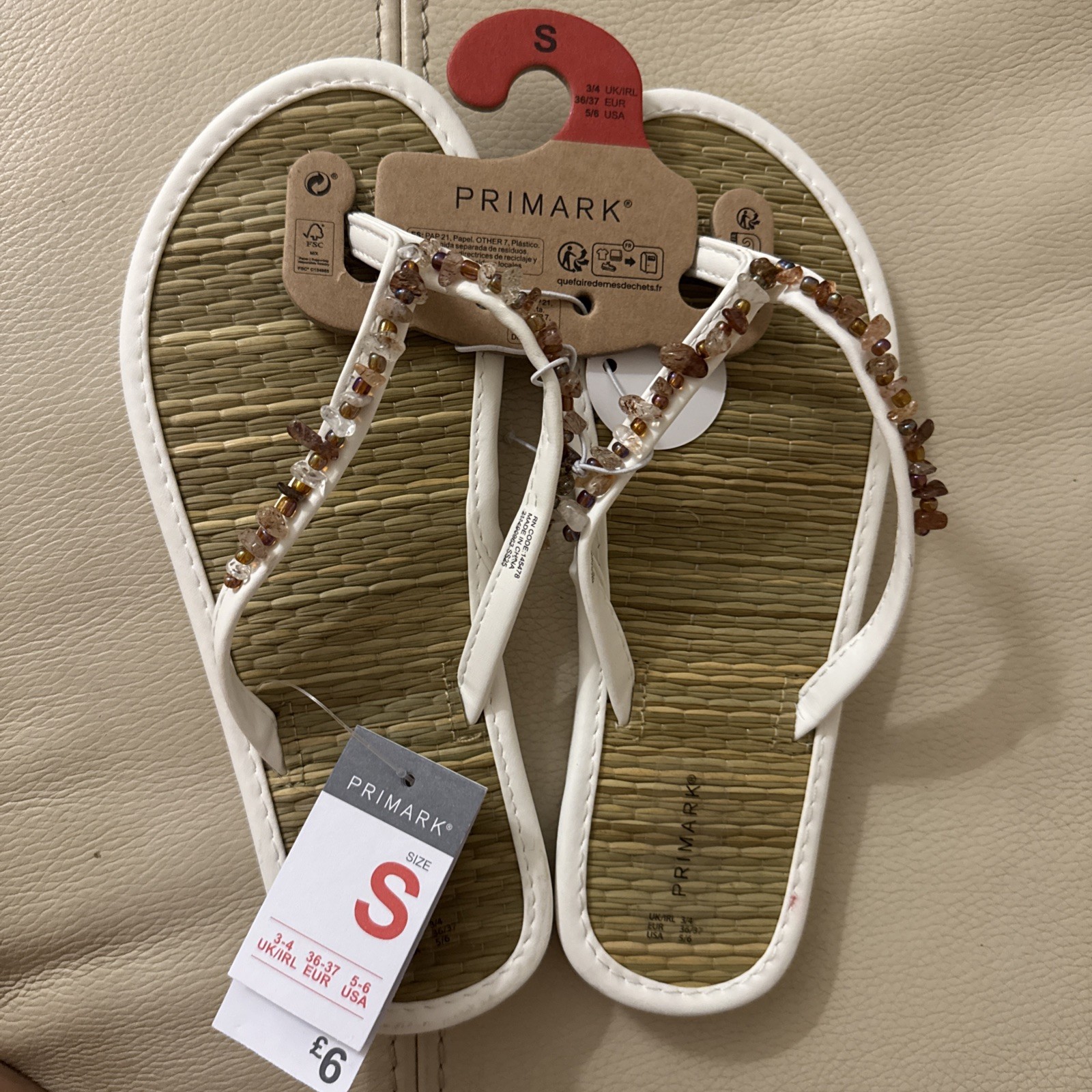 APL Infradito Primark Seagrass sottopiede bianco perizoma 3 4 nuovo con etichetta