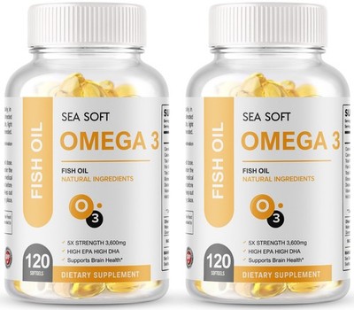 Omega 3 Fish Oil Capsules 5x Strength 3600mg EPA & DHA  Highest Potency 2 Pack