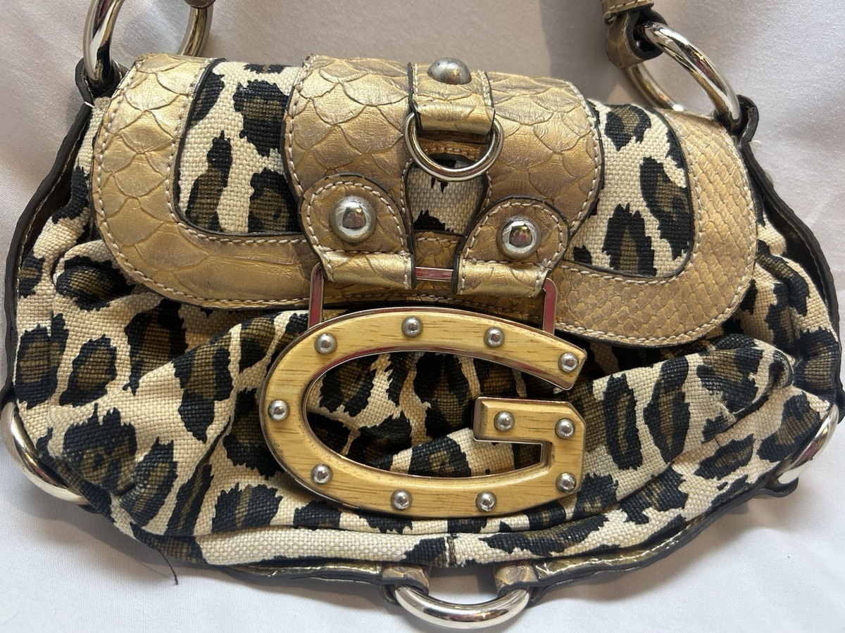 GUESS VTG Y2K Leopard Print Canvas Shoulder Bag Gold G Logo Animal 