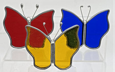 Vtg Stained Glass Butterfly 3 Set Yellow Red Blue 3" x 3" Tiffany Stained Glass 