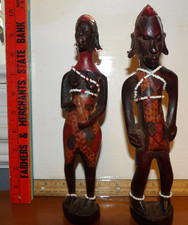 African Wood Figures Pair Vintage Hand Carved Sculpture Folk Art Tribal pair