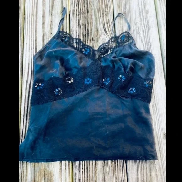 Women's XOXO Y2K Goth Fairy Black Satin & Sequin Lace Sexy Cami Top Size S - Image 2 of 4
