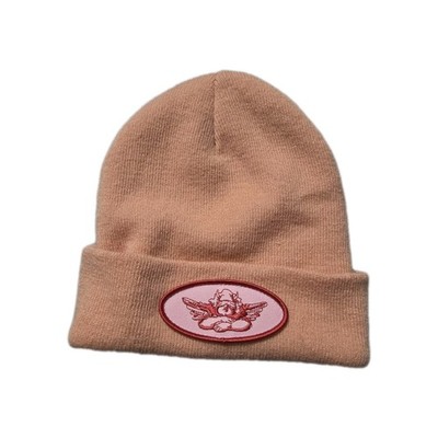 Boys Lie Peach Pink Angel Heart Patch Cuffed Beanie One Size Knit Hat