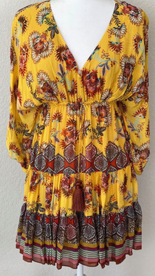 ALEXIS Floral Holli Tiered Mini Lined Dress Amber Bloom XS 3/4 Sleeve Tassel Tie